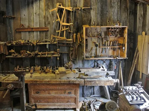 Joiner's workshop with hand tools on the bench
